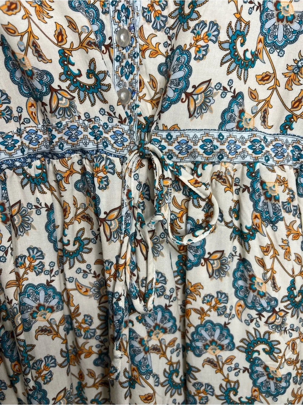 Boho Floral V-Neck Tunic Dress in Teal & Mustard Size Medium - Picture 6 of 7